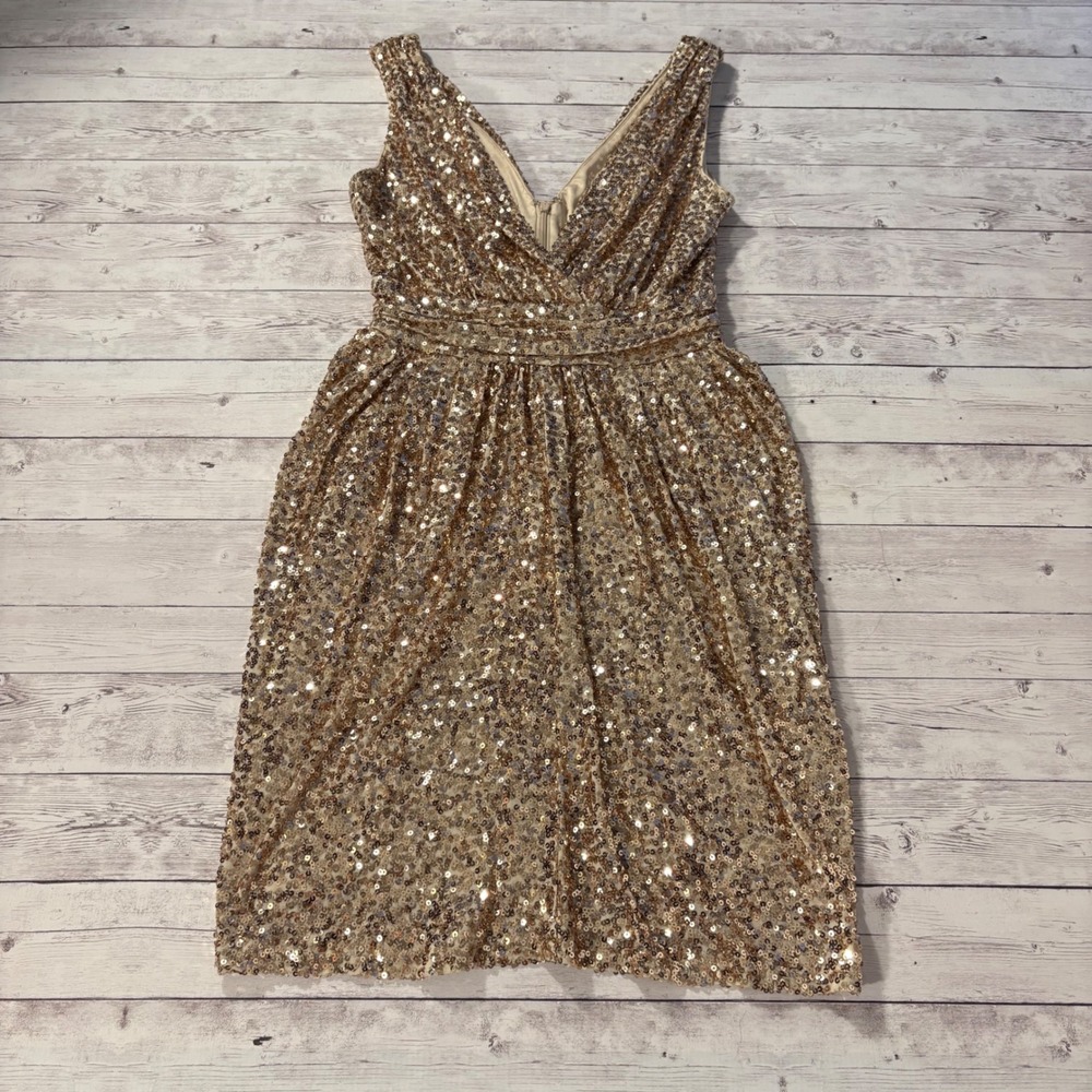 Badgley Mischka Collection Sequin V Neck Party Dress Gold Size 6